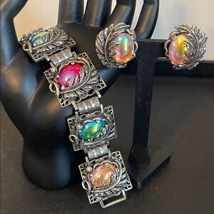 Vintage “Dragon’s Breath” Glass Cabochon Demi-Parure Bracelet & Earring Set